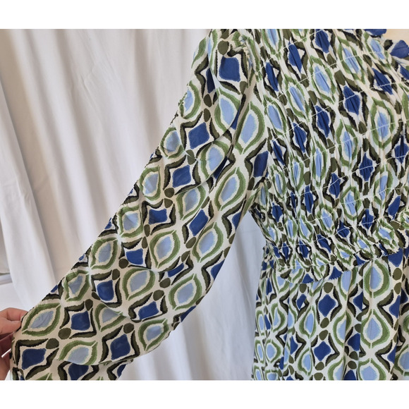 Anthropologie Womens Blue Motif Long-Sleeve V-Neck Ruffle Mini Dress Large - Picture 6 of 13